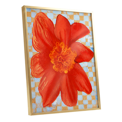 Scarlet Check Bloom, red, orange, yellow floral wall art shown as a gold framed poster wall art print