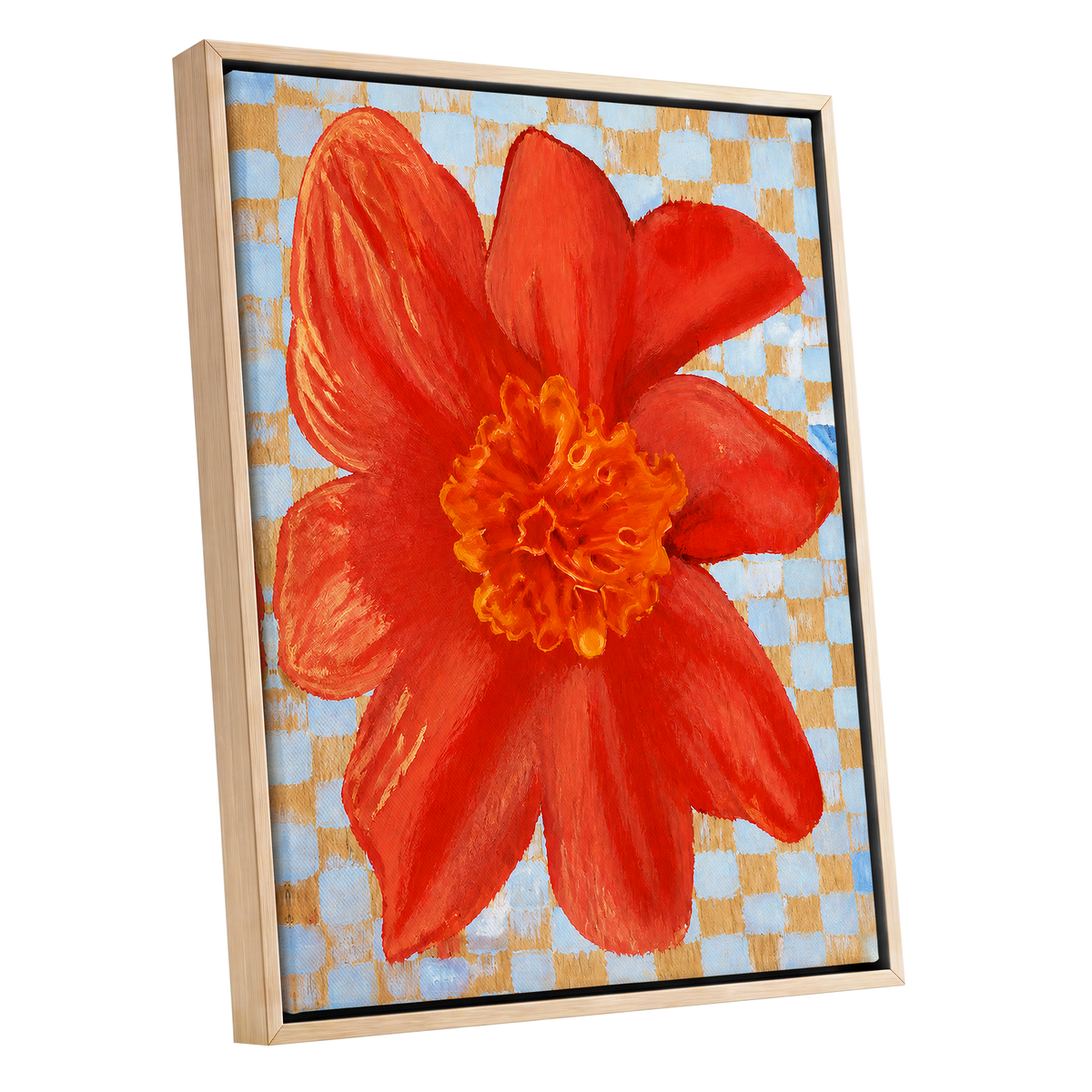 Scarlet Check Bloom, red, orange, yellow floral wall art shown as a oak framed canvas wall art