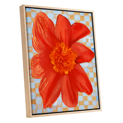 Scarlet Check Bloom, red, orange, yellow floral wall art shown as a oak framed canvas wall art