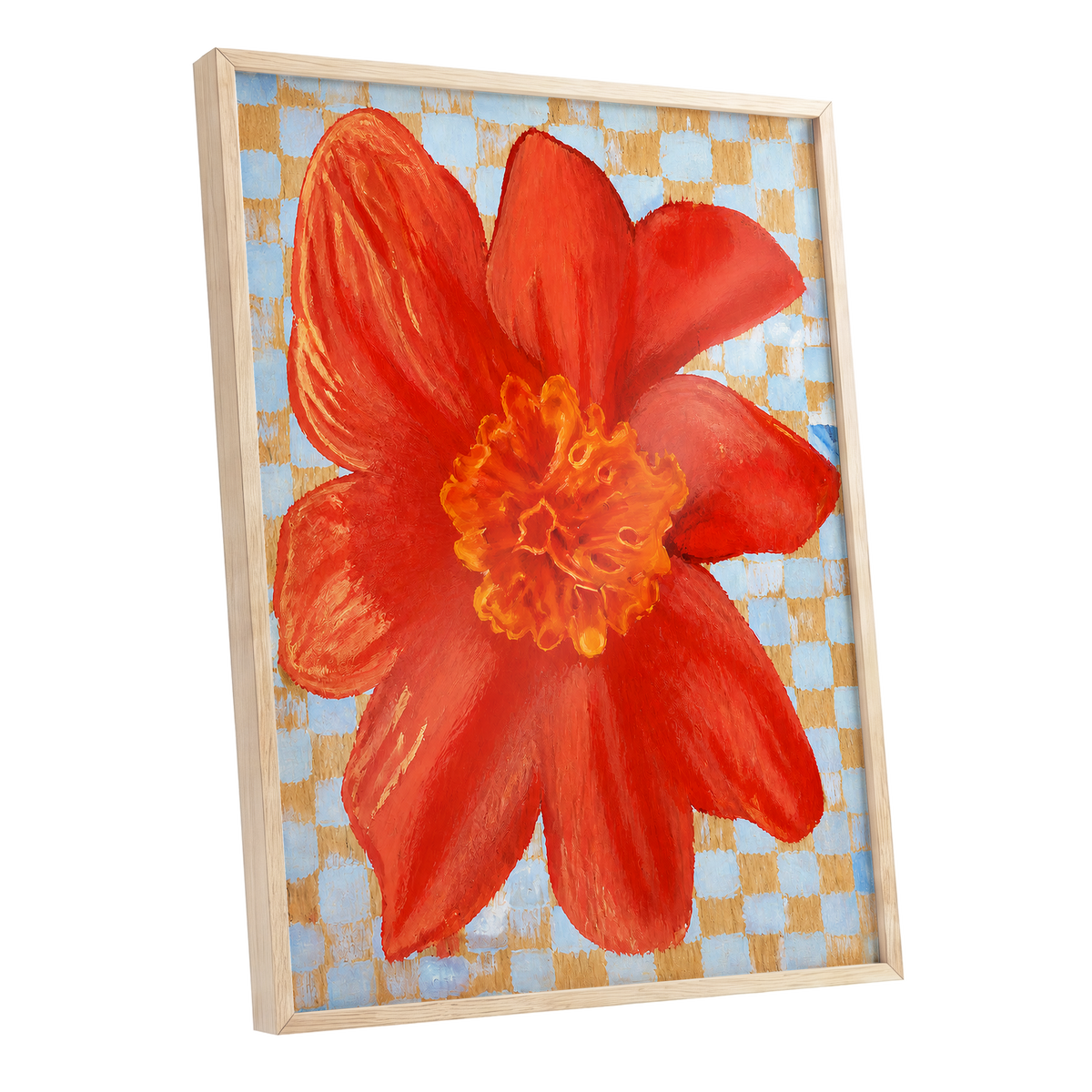 Scarlet Check Bloom, red, orange, yellow floral wall art shown as a oak framed poster wall art print