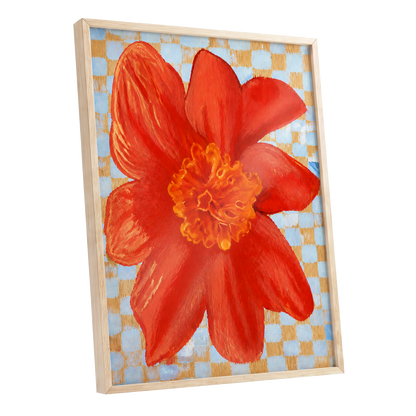 Scarlet Check Bloom, red, orange, yellow floral wall art shown as a oak framed poster wall art print