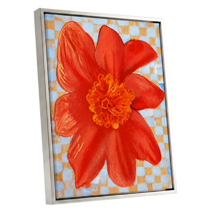 Scarlet Check Bloom, red, orange, yellow floral wall art shown as a silver framed canvas wall art