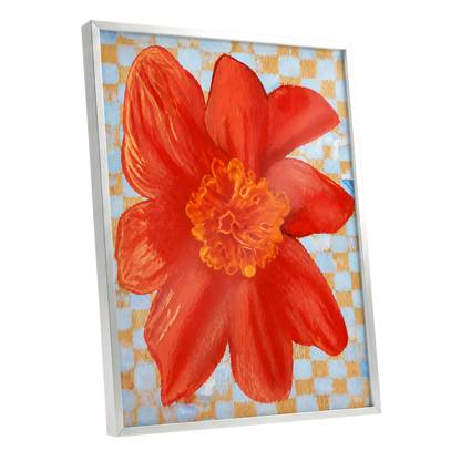 Scarlet Check Bloom, red, orange, yellow floral wall art shown as a silver framed poster wall art print