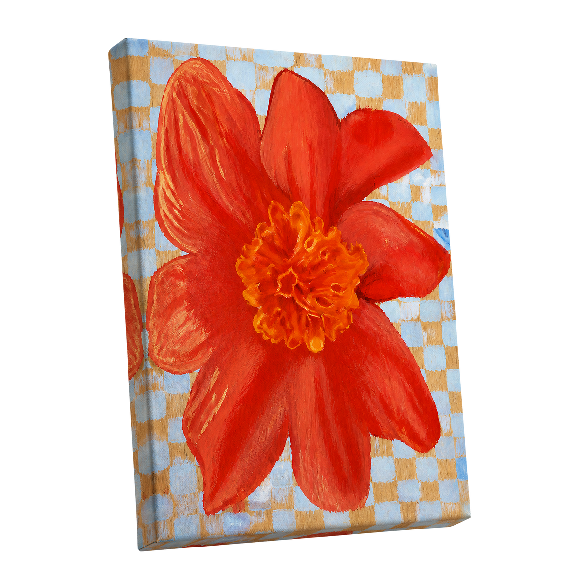 Scarlet Check Bloom, red, orange, yellow floral wall art shown as a stretched canvas wall art