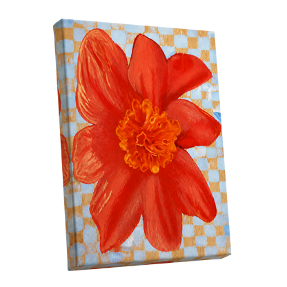 Scarlet Check Bloom, red, orange, yellow floral wall art shown as a stretched canvas wall art
