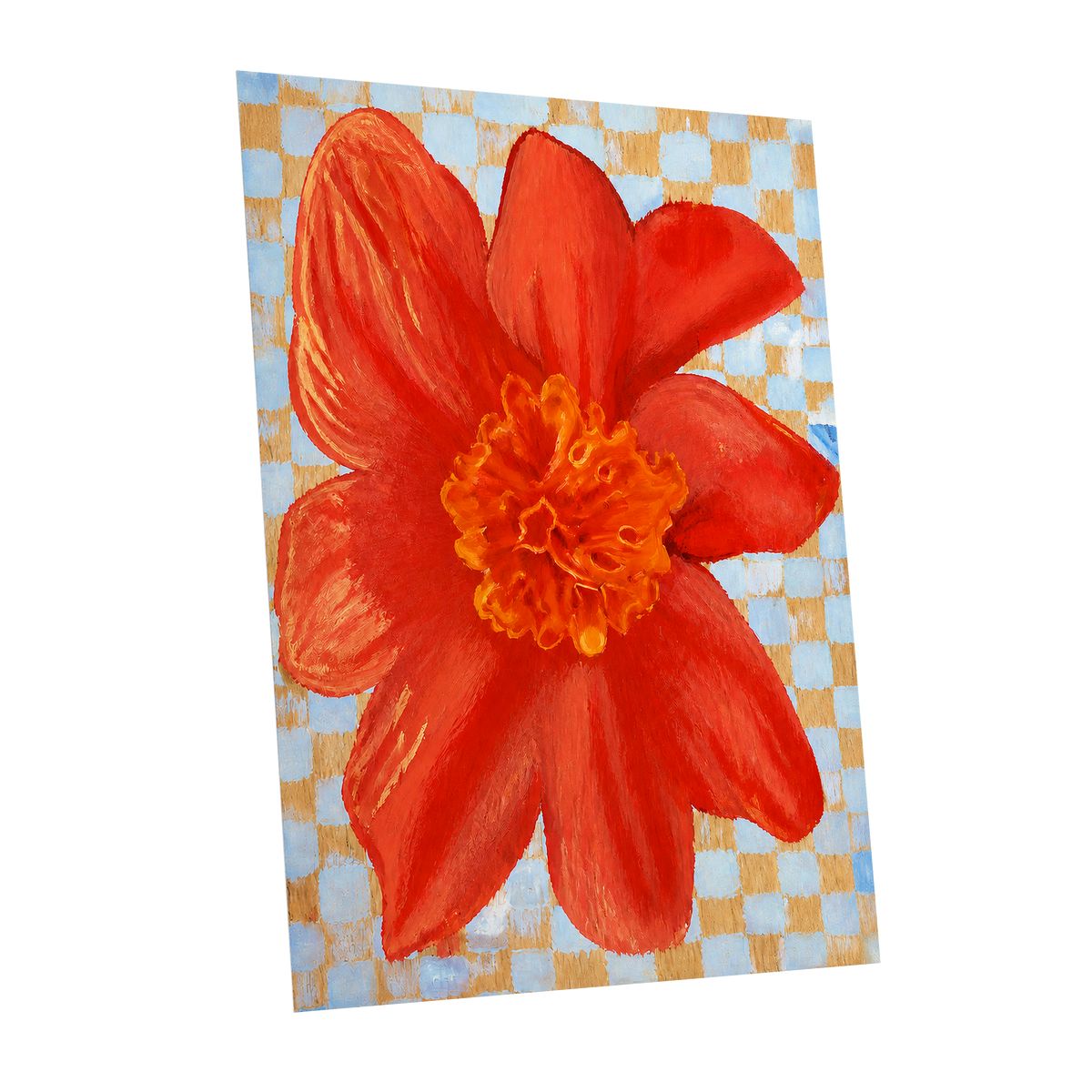 Scarlet Check Bloom, red, orange, yellow floral wall art shown as a unframed poster wall art print