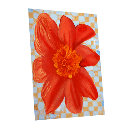 Scarlet Check Bloom, red, orange, yellow floral wall art shown as a unframed poster wall art print