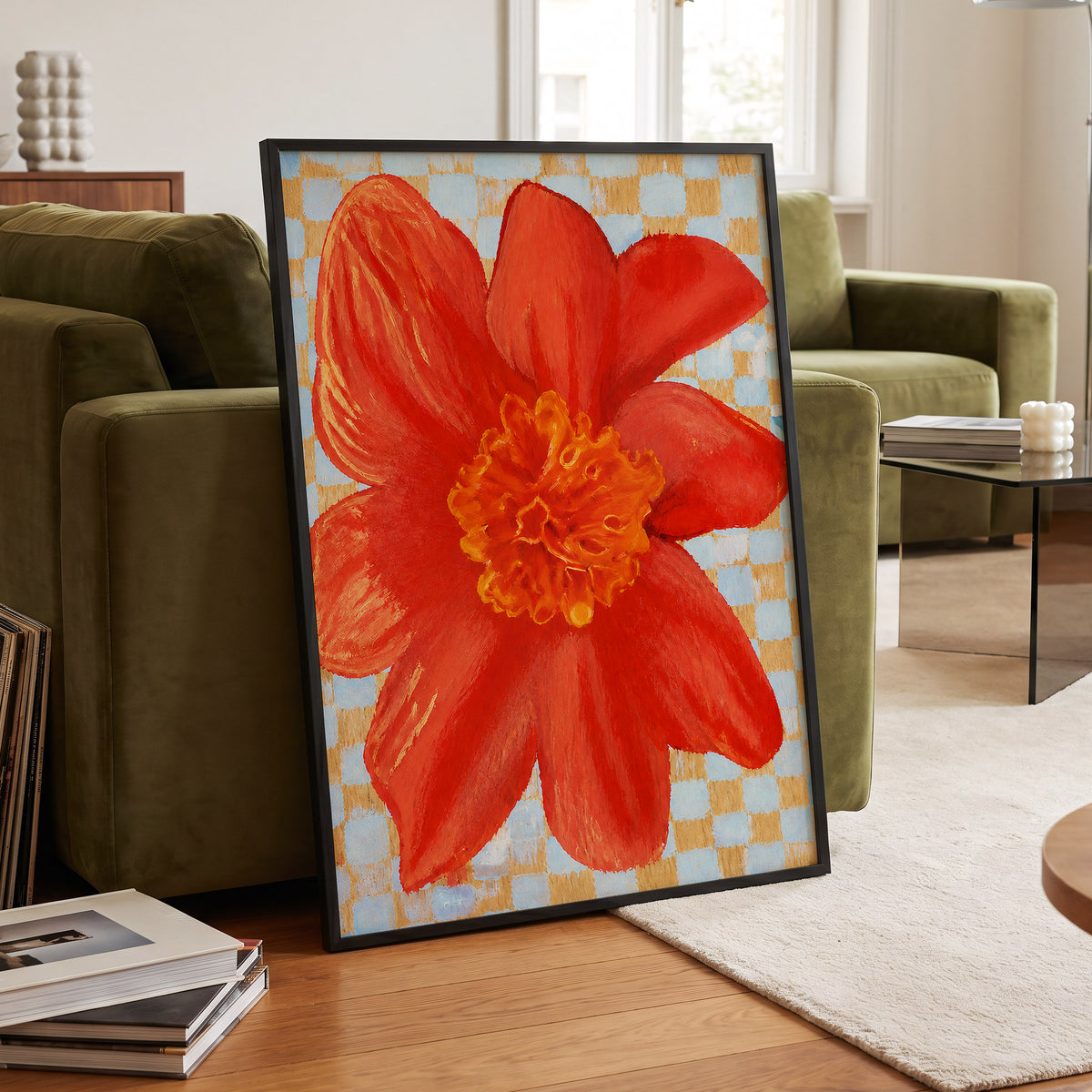 Scarlet Check Bloom, red, orange, yellow floral wall art displayed in a styled interior, gallery view 2