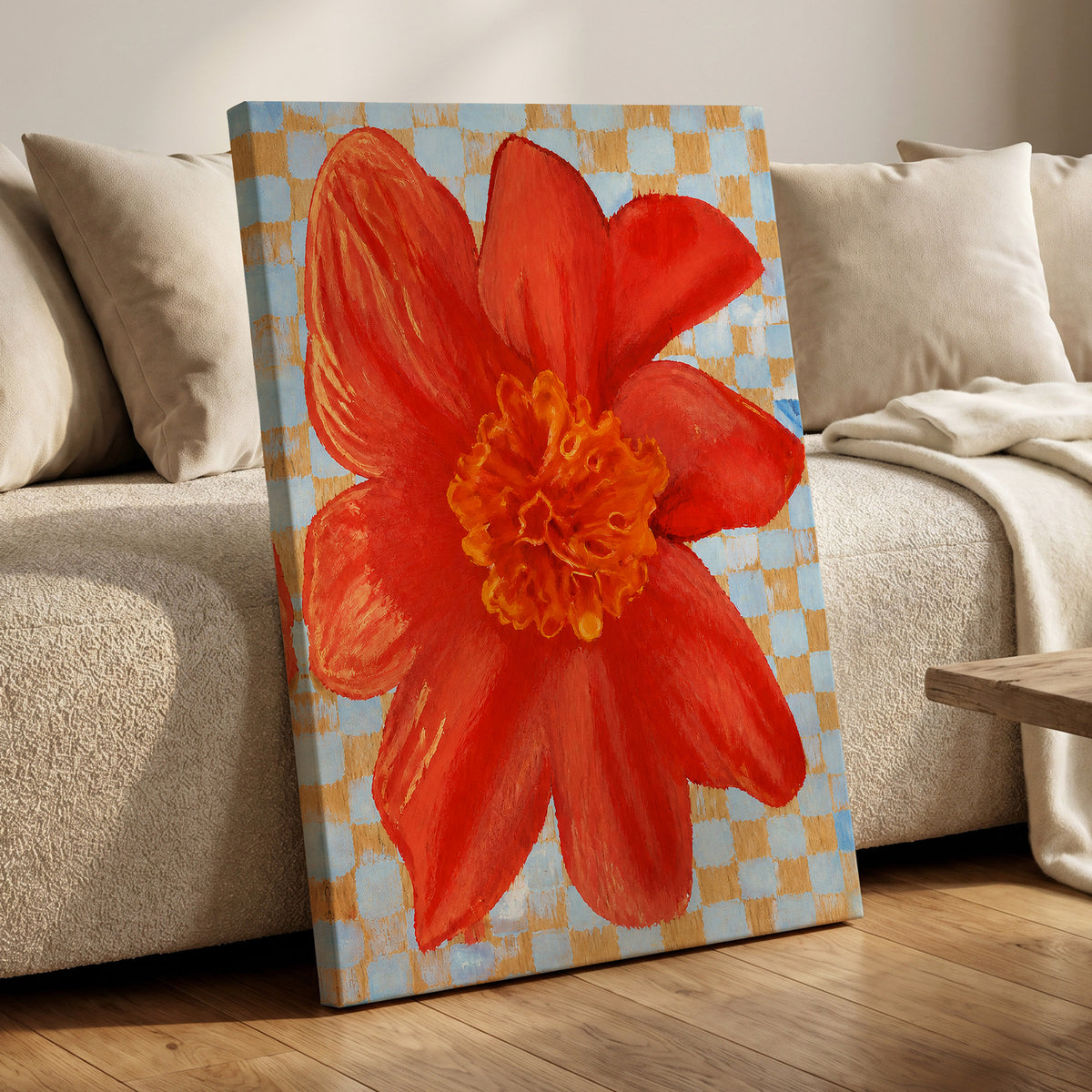 Scarlet Check Bloom, red, orange, yellow floral wall art displayed in a styled interior, gallery view 3