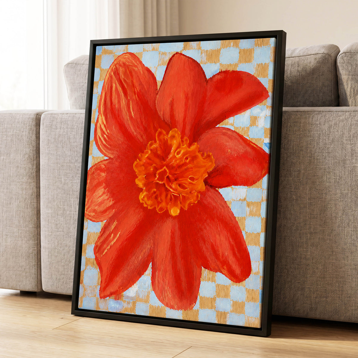 Scarlet Check Bloom, red, orange, yellow floral wall art displayed in a styled interior, gallery view 4
