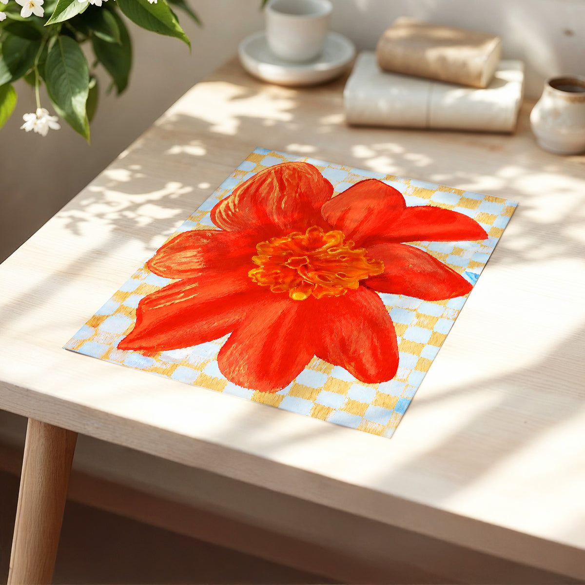 Scarlet Check Bloom, red, orange, yellow floral wall art displayed in a styled interior, gallery view 5