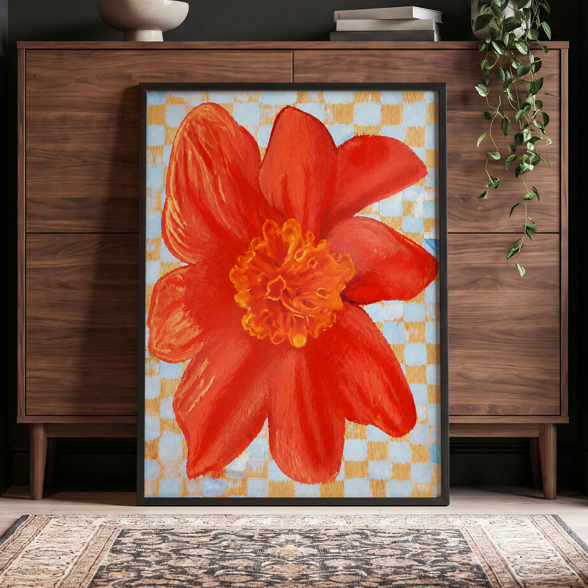 Scarlet Check Bloom, red, orange, yellow floral wall art displayed in a styled interior, gallery view 6