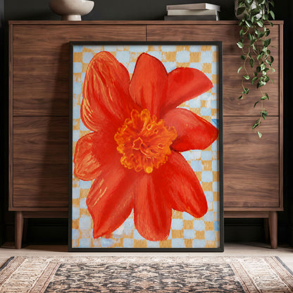 Scarlet Check Bloom, red, orange, yellow floral wall art displayed in a styled interior, gallery view 6