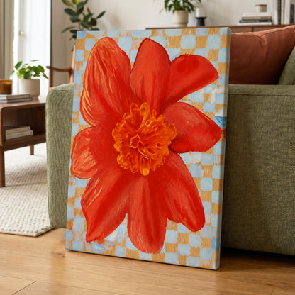 Scarlet Check Bloom, red, orange, yellow floral wall art displayed in a styled interior, gallery view 7