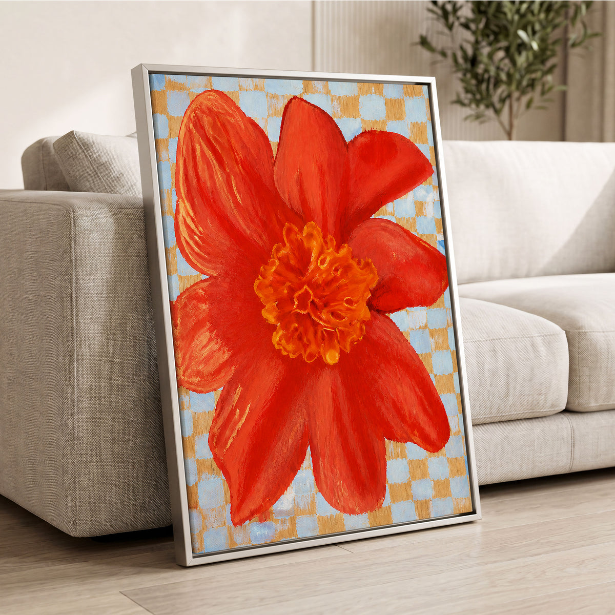 Scarlet Check Bloom, red, orange, yellow floral wall art displayed in a styled interior, gallery view 8