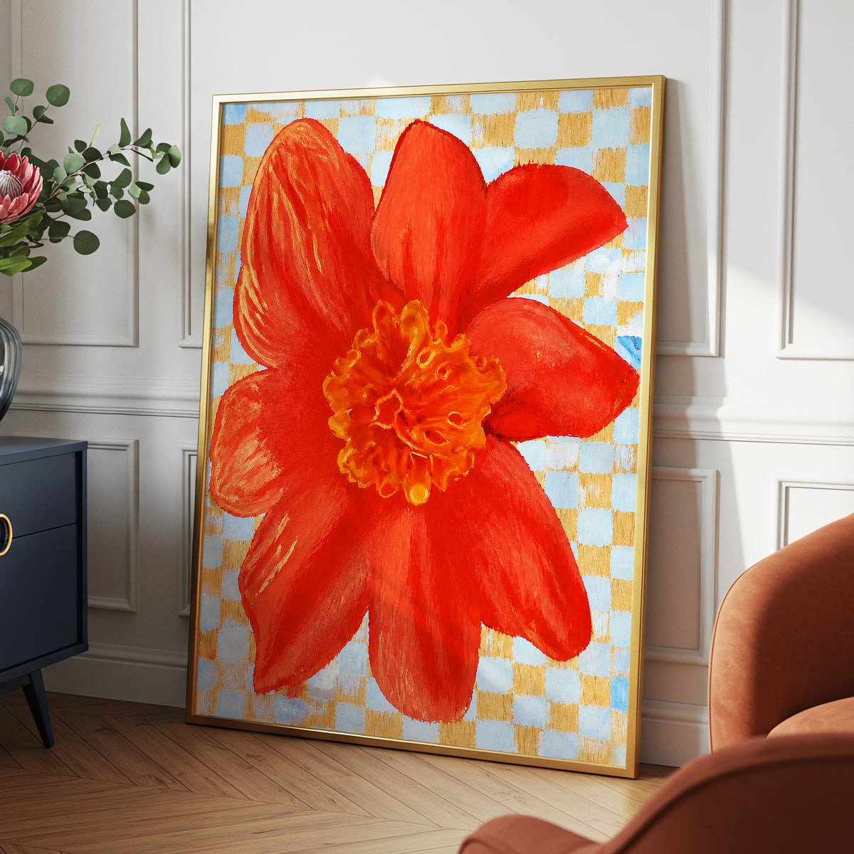 Scarlet Check Bloom, red, orange, yellow floral wall art displayed in a styled interior, gallery view 9