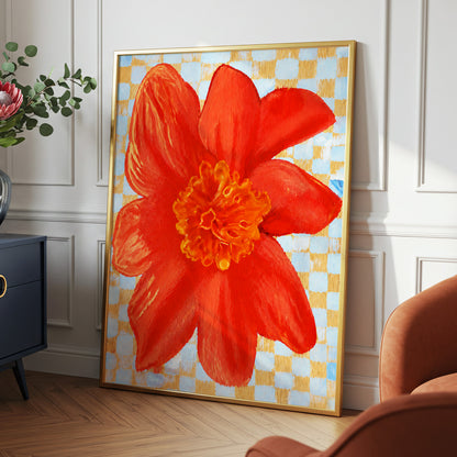 Scarlet Check Bloom, red, orange, yellow floral wall art displayed in a styled interior, gallery view 9