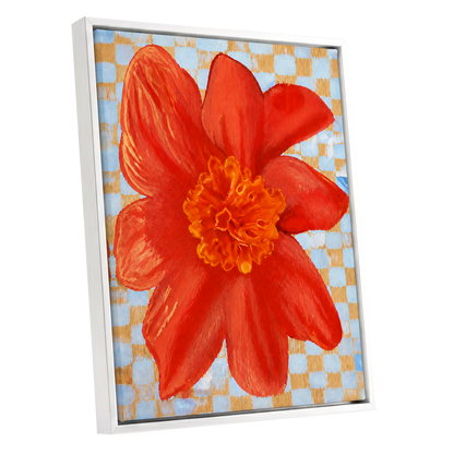 Scarlet Check Bloom, red, orange, yellow floral wall art shown as a white framed canvas wall art