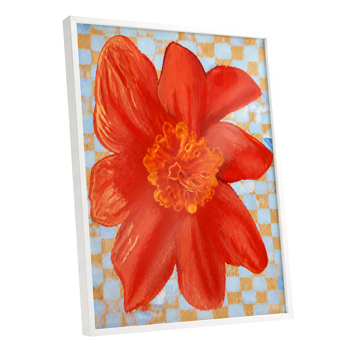 Scarlet Check Bloom, red, orange, yellow floral wall art shown as a white framed poster wall art print
