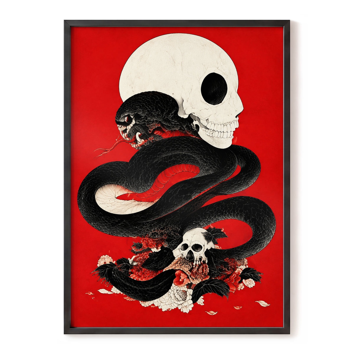 Scarlet Coil, black, red, beige abstract wall art, front artwork view