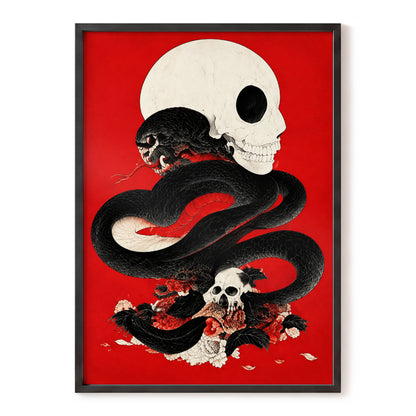 Scarlet Coil, black, red, beige abstract wall art, front artwork view