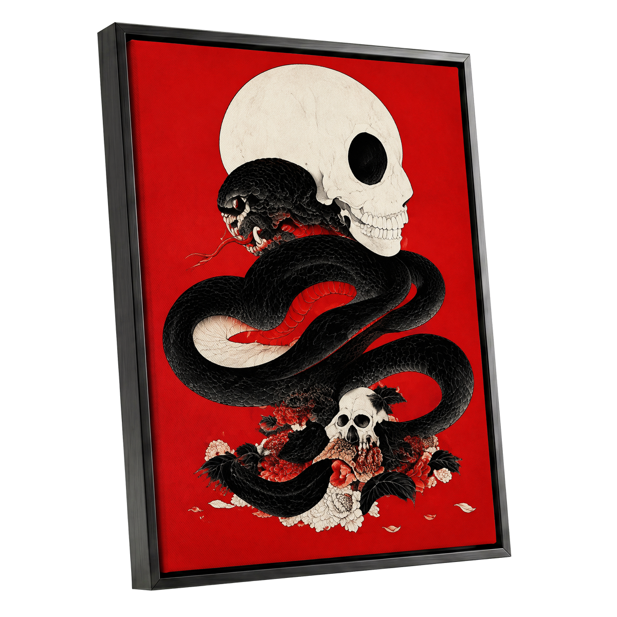 Scarlet Coil, black, red, beige abstract wall art shown as a black framed canvas wall art