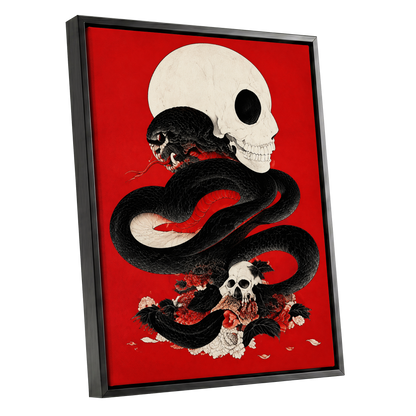 Scarlet Coil, black, red, beige abstract wall art shown as a black framed canvas wall art