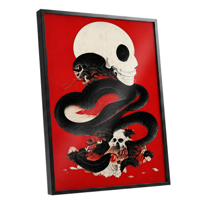 Scarlet Coil, black, red, beige abstract wall art shown as a black framed poster wall art print