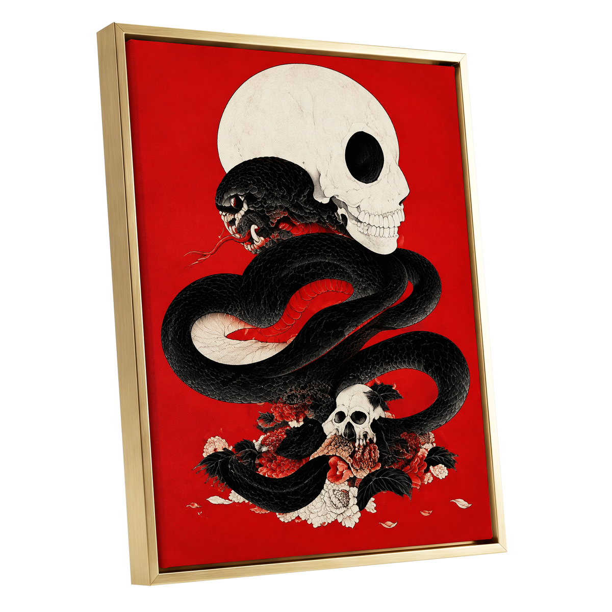 Scarlet Coil, black, red, beige abstract wall art shown as a gold framed canvas wall art