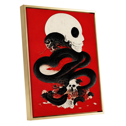 Scarlet Coil, black, red, beige abstract wall art shown as a gold framed canvas wall art