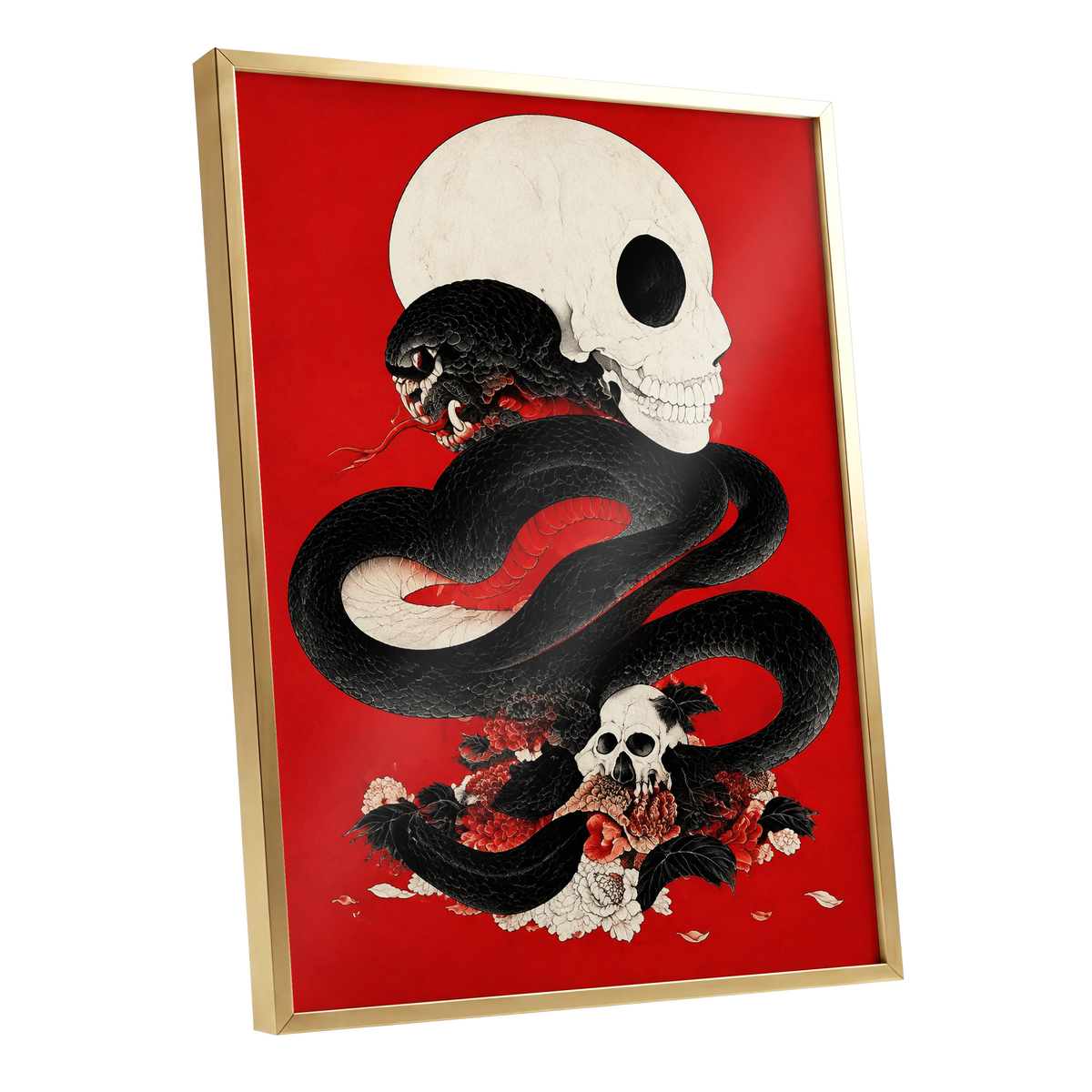 Scarlet Coil, black, red, beige abstract wall art shown as a gold framed poster wall art print