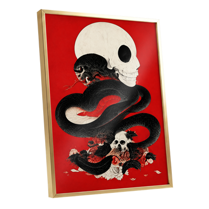 Scarlet Coil, black, red, beige abstract wall art shown as a gold framed poster wall art print