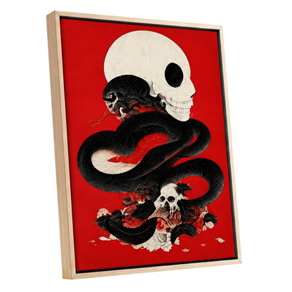 Scarlet Coil, black, red, beige abstract wall art shown as a oak framed canvas wall art
