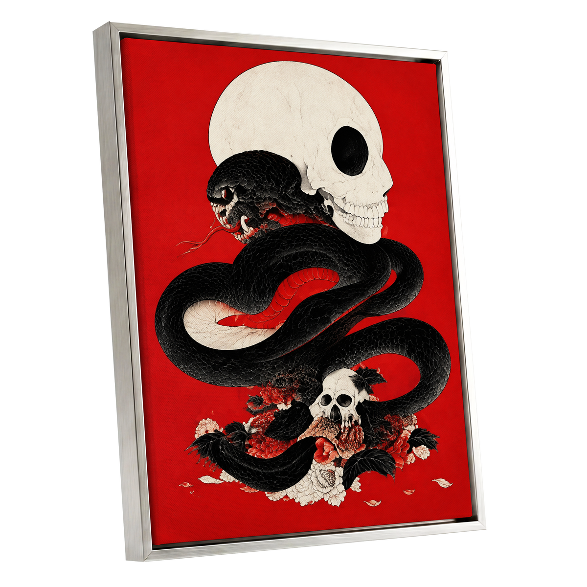 Scarlet Coil, black, red, beige abstract wall art shown as a silver framed canvas wall art