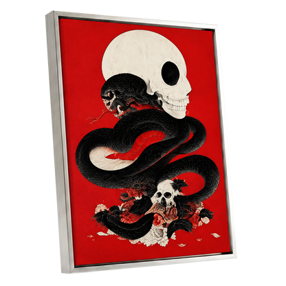 Scarlet Coil, black, red, beige abstract wall art shown as a silver framed canvas wall art