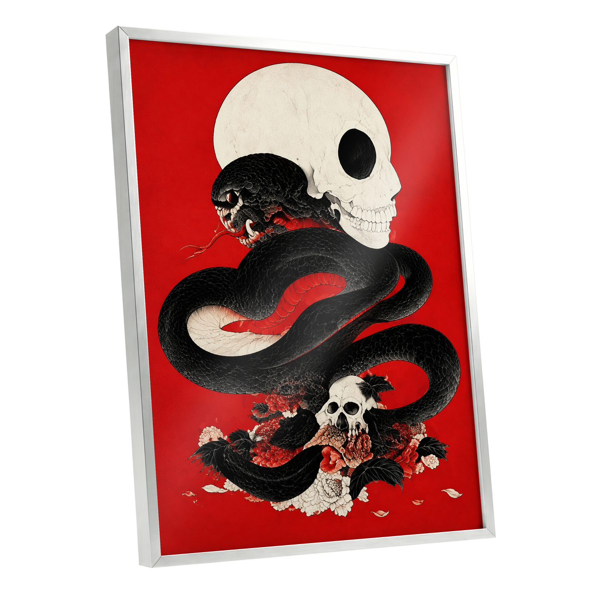 Scarlet Coil, black, red, beige abstract wall art shown as a silver framed poster wall art print