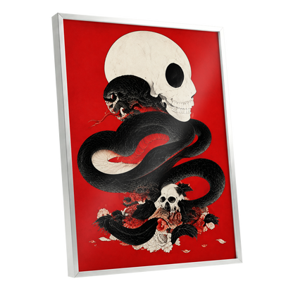 Scarlet Coil, black, red, beige abstract wall art shown as a silver framed poster wall art print