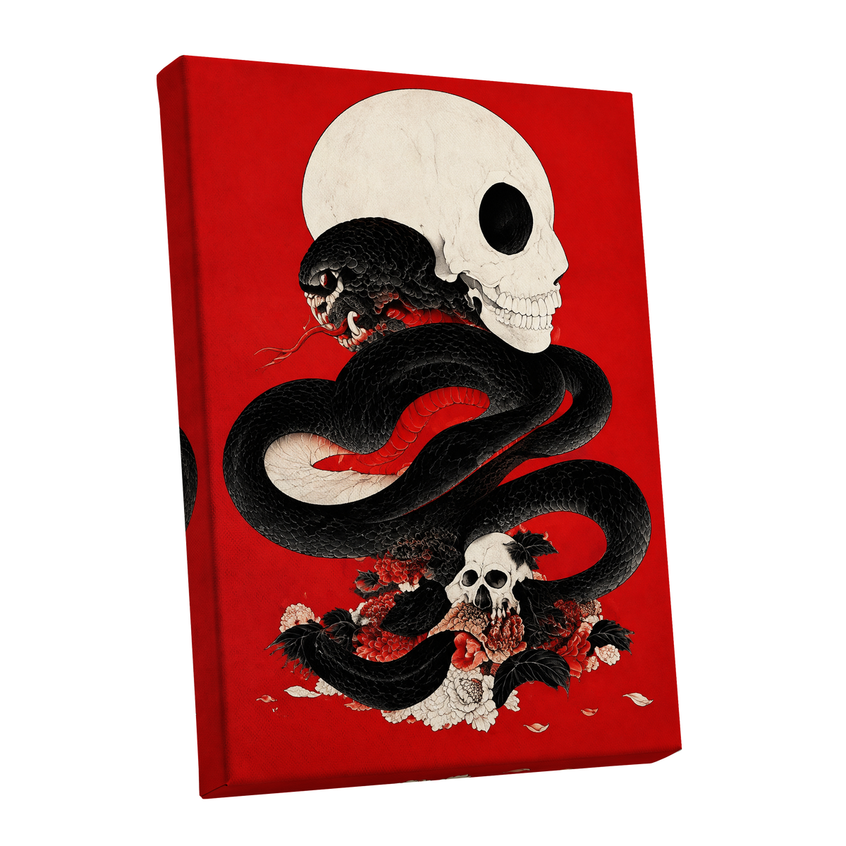 Scarlet Coil, black, red, beige abstract wall art shown as a stretched canvas wall art