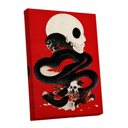 Scarlet Coil, black, red, beige abstract wall art shown as a stretched canvas wall art
