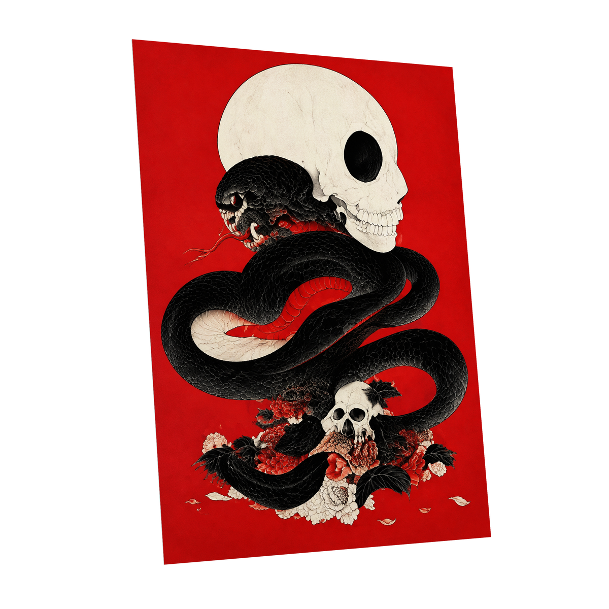 Scarlet Coil, black, red, beige abstract wall art shown as a unframed poster wall art print