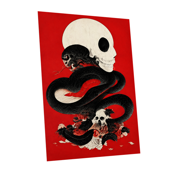 Scarlet Coil, black, red, beige abstract wall art shown as a unframed poster wall art print