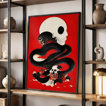 Scarlet Coil, black, red, beige abstract wall art displayed in a styled interior, gallery view 2