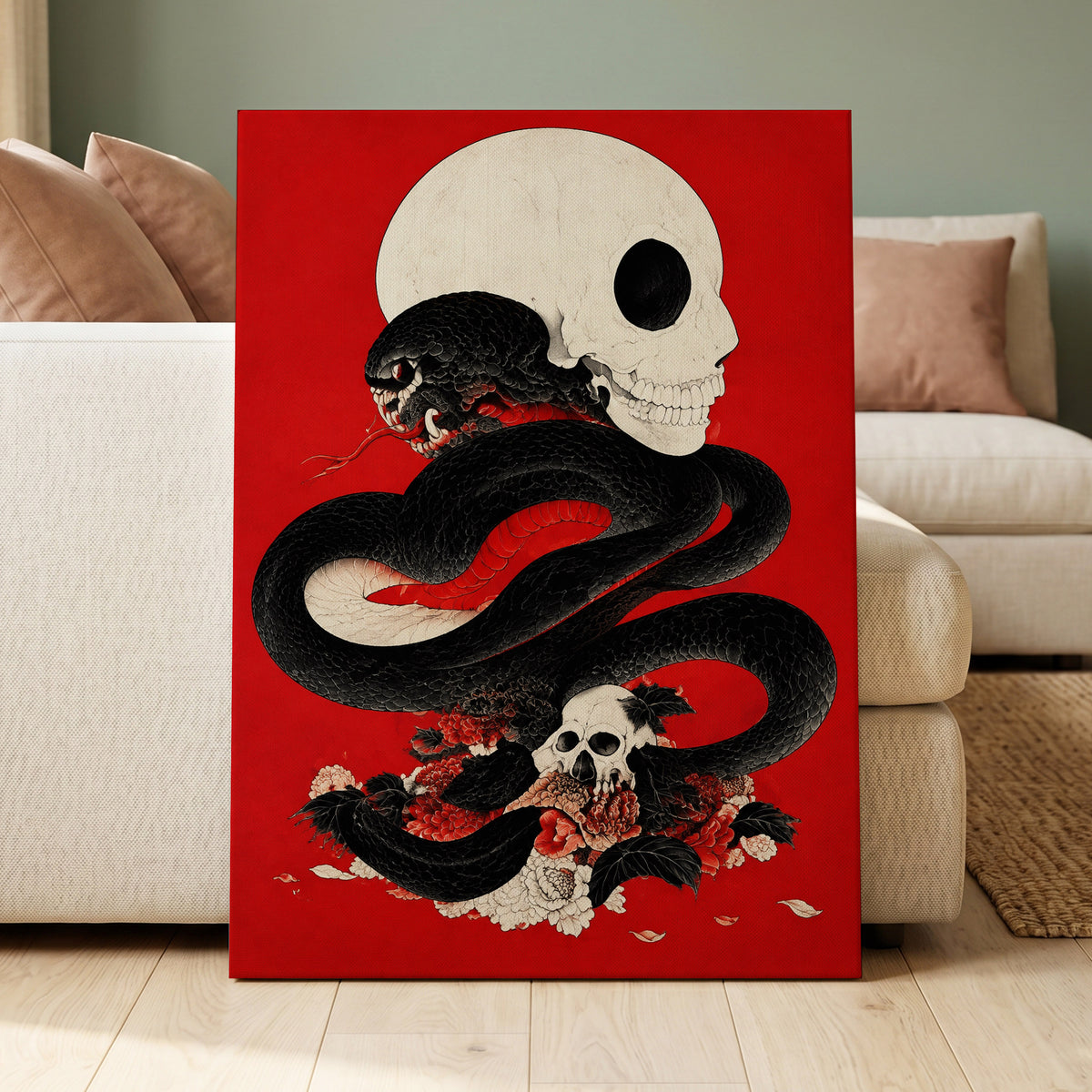 Scarlet Coil, black, red, beige abstract wall art displayed in a styled interior, gallery view 3