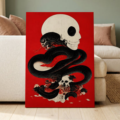 Scarlet Coil, black, red, beige abstract wall art displayed in a styled interior, gallery view 3