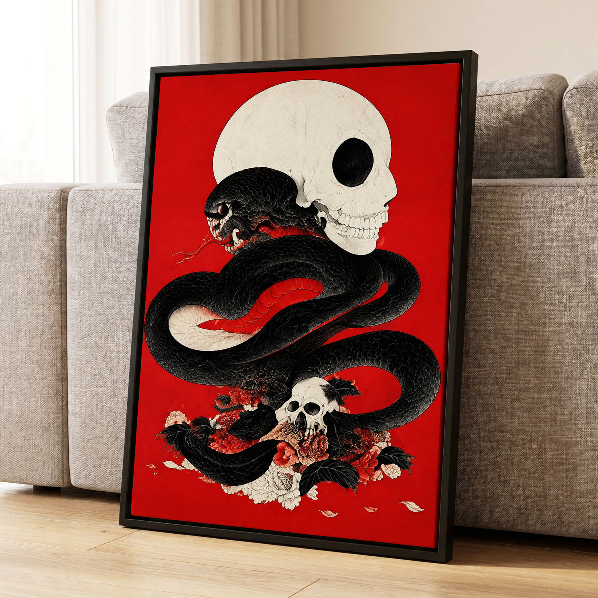 Scarlet Coil, black, red, beige abstract wall art displayed in a styled interior, gallery view 4