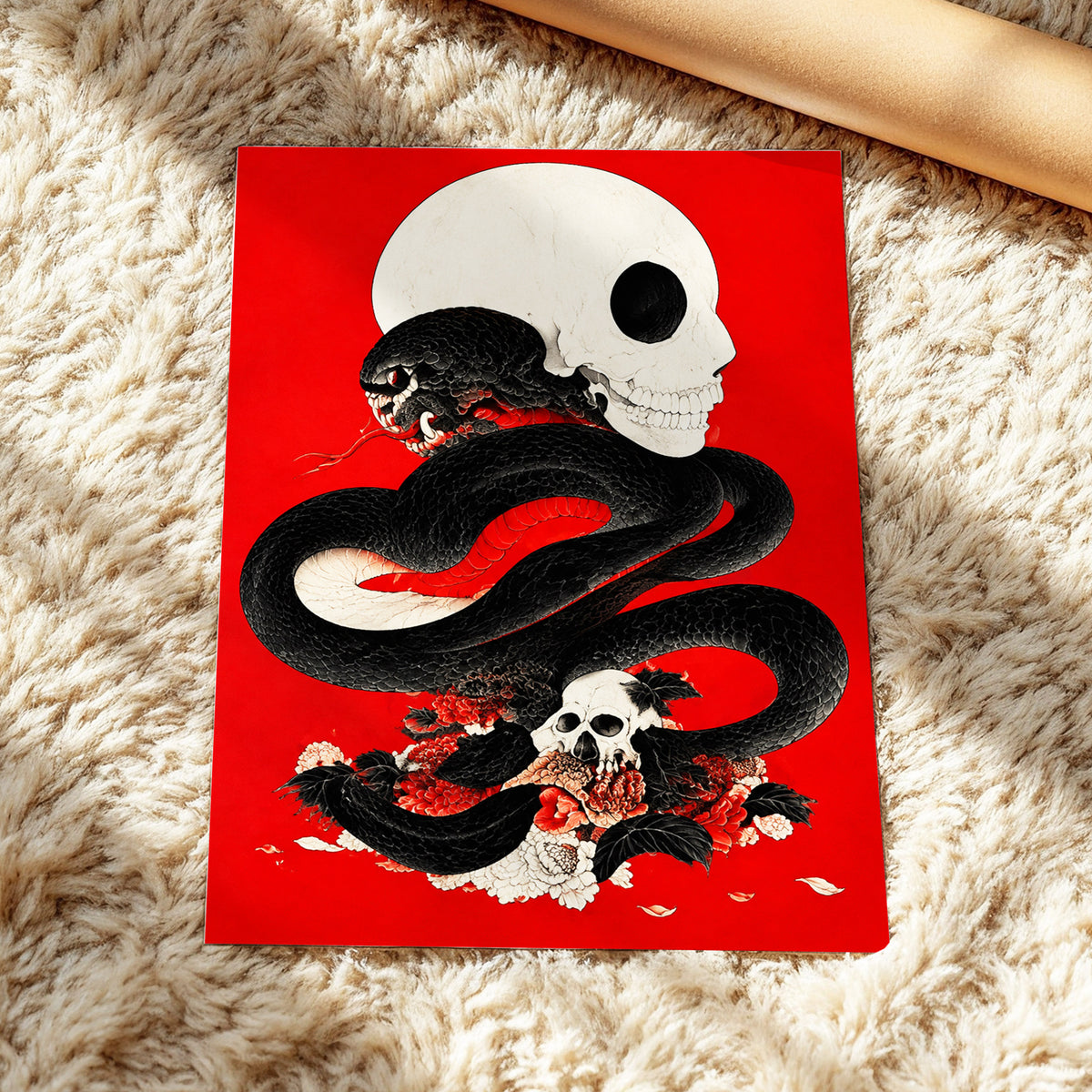 Scarlet Coil, black, red, beige abstract wall art displayed in a styled interior, gallery view 5