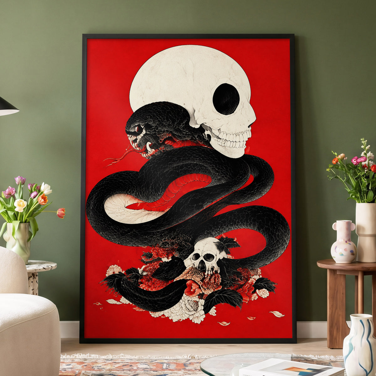 Scarlet Coil, black, red, beige abstract wall art displayed in a styled interior, gallery view 6