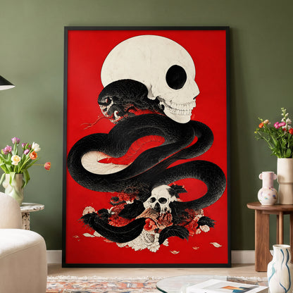 Scarlet Coil, black, red, beige abstract wall art displayed in a styled interior, gallery view 6