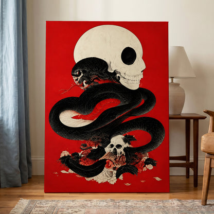 Scarlet Coil, black, red, beige abstract wall art displayed in a styled interior, gallery view 7