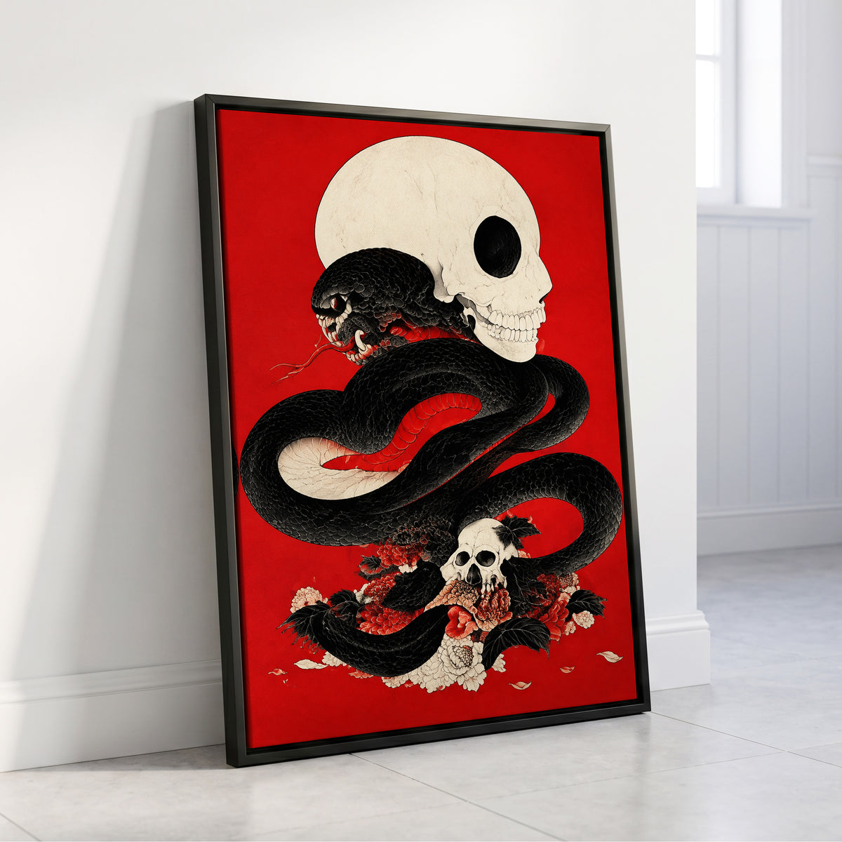 Scarlet Coil, black, red, beige abstract wall art displayed in a styled interior, gallery view 8